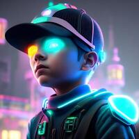 super realista 3d iluminado por neon Garoto com megapolis fundo ilustração ai gerado foto