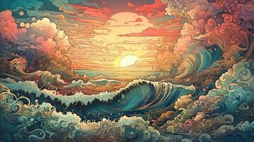 generativo ai, oceano dentro a pôr do sol linear ilustração, psicodélico mangá estilo, altamente detalhado. animê colorida estilo foto