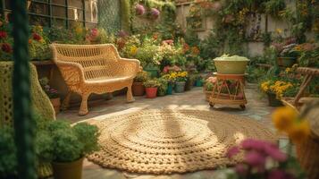 generativo ai, fofa jardim fez do crochê, plantas, árvores, flores suave cores, sonhadores cena panorama fez do crochê materiais, lã, tecido, fio, de costura para fundo foto