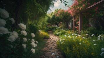 generativo ai, lindo verão privado jardim com muitos flores e plantas, natureza paisagem, Inglês campo chalé estilo foto