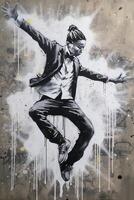 generativo ai, dançando mulher ou garota, dinâmico movimento. tinta pintura colorida salpicos rua grafite arte em uma texturizado papel vintage fundo, inspirado de banksy. foto