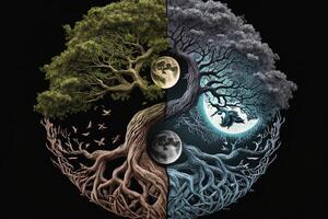 ying yang conceito do Saldo yggdrasil árvore do vida norueguês mitologia. Saldo conceito. generativo ai foto