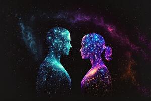 homem e mulher silhuetas às abstrato cósmico fundo. humano almas casal dentro amar. astral corpo, esotérico e espiritual vida conceito generativo ai foto