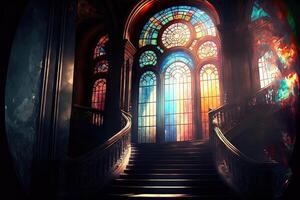 generativo ai Palácio interior com Alto vitral janelas fez do multicolorido vidro, a velho majestoso salão, Sol raios através a janelas. Sombrio fantasia interior. foto