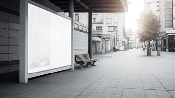 generativo ai, realista rua grande Painel publicitário ou poster zombar acima em branco para apresentação anúncio. ao ar livre placa em branco dentro a futurista cidade, o negócio conceito foto