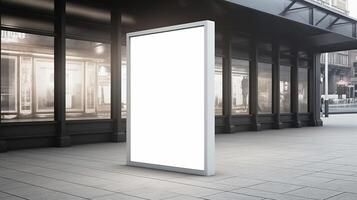 generativo ai, realista rua grande Painel publicitário ou poster zombar acima em branco para apresentação anúncio. ao ar livre placa em branco dentro a futurista cidade, o negócio conceito foto