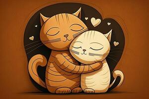 gato amar. gato casal abraçando, abraço e se beijando. dois fofa gato gatinhos dentro amor segurando vermelho coração em dia dos namorados dia. generativo ai foto