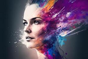 lindo fantasia abstrato retrato do uma lindo mulher Duplo exposição com uma colorida digital pintura respingo ou espaço nebulosa, generativo ai foto