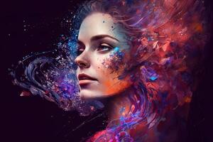 lindo fantasia abstrato retrato do uma lindo mulher Duplo exposição com uma colorida digital pintura respingo ou espaço nebulosa, generativo ai foto