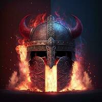 generativo uma ferro e couro viking capacete brilhando com profundo vermelho fogo, luz brilhante. foco metal viking Guerreiro capacete com chifres e runas foto