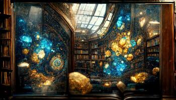 interior do Magia biblioteca, ornamental vidro janela, quebrado dourado nebulosa, quebrado cristais. generativo ai imagem do uma colorida biblioteca do Magia, com uma ampla manchado vidro colorida janela foto