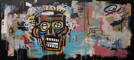 generativo ai, rua grafite abstrato arte com feio face em uma texturizado parede vintage fundo, inspirado de jean-michel basquiat, Novo Iorque urbano estilo. foto