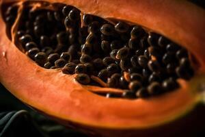 generativo ai, macro fresco metade do mamão fruta fundo. tropical exótico fechar-se foto com gotas