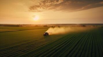 generativo ai, Fazenda agricultura regado ou pesticidas spray verde Campos. irrigação equipamento sistema, aéreo Visão foto