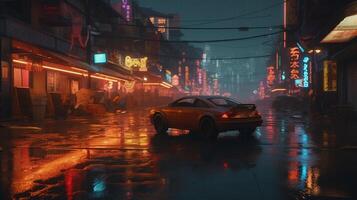 generativo ai, noite cena do depois de chuva cidade dentro cyberpunk estilo, futurista nostálgico anos 80, anos 90. néon luzes vibrante cores, fotorrealista horizontal ilustração. foto