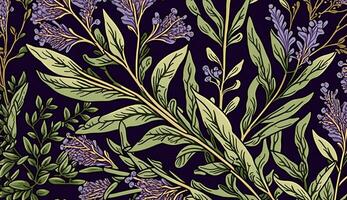generativo ai, floral lavanda ervas colorida padronizar. William Morris inspirado natural plantas e lavandula flores fundo, vintage ilustração. folhagem ornamento. foto