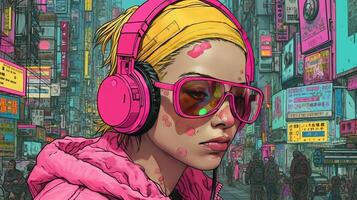 generativo ai, pessoa dentro copos, cyberpunk animê estilo inspirado de josan gonzalez. luz amarelo e Rosa cores, virtual realidade conceito foto