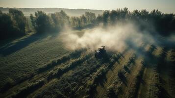 generativo ai, Fazenda agricultura regado ou pesticidas spray verde Campos. irrigação equipamento sistema, aéreo Visão foto