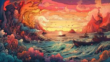 generativo ai, oceano dentro a pôr do sol linear ilustração, psicodélico mangá estilo, altamente detalhado. animê colorida estilo foto