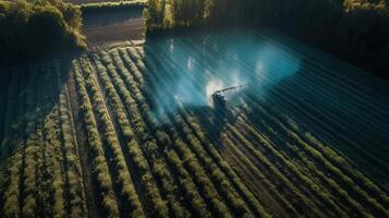 generativo ai, Fazenda agricultura regado ou pesticidas spray verde Campos. irrigação equipamento sistema, aéreo Visão foto