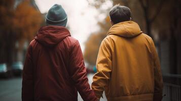 dois gays aguarde mãos, fechar-se em mãos, obscurecido bokeh Fundação. ai gerado foto