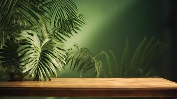 limpar de madeira mesa contador com tropical Palma árvore dentro manchado luz do dia. ai gerado foto