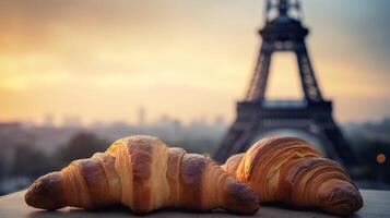 delicioso francês croissants em sentimental Fundação do eiffel torre, Paris. criativo recurso, ai gerado foto