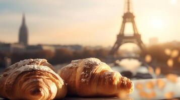 delicioso francês croissants em nostálgico estabelecimento do eiffel torre, Paris. criativo recurso, ai gerado foto