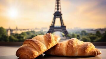 delicioso francês croissants em nostálgico Fundação do eiffel torre, Paris. criativo recurso, ai gerado foto