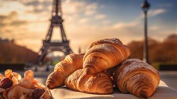 delicioso francês croissants em nostálgico Fundação do eiffel torre, Paris. criativo recurso, ai gerado foto