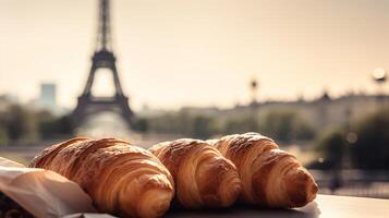 delicioso francês croissants em nostálgico Fundação do eiffel torre, Paris. criativo recurso, ai gerado foto