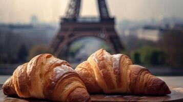 delicioso francês croissants em nostálgico Fundação do eiffel torre, Paris. criativo recurso, ai gerado foto