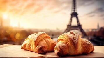 delicioso francês croissants em nostálgico Fundação do eiffel torre, Paris. criativo recurso, ai gerado foto