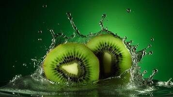 imaginativo organizar fez a partir de cortar do kiwi e água aspersão em uma verde Fundação. criativo recurso, ai gerado foto