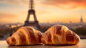 delicioso francês croissants em nostálgico Fundação do eiffel torre, Paris. criativo recurso, ai gerado foto