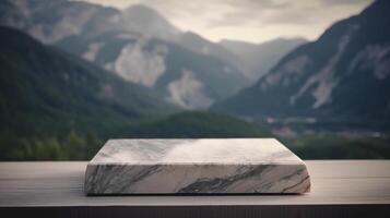 mármore superfície mesa de mesa com montanha Fundação para coisa aparecer mostrar. criativo recurso, ai gerado foto
