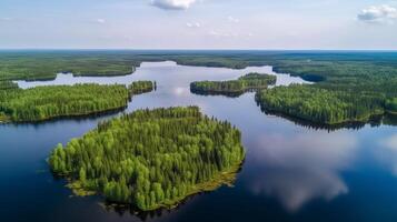 transportado pelo ar Vejo do azul água lago e verde verão madeiras dentro Finlândia. criativo recurso, ai gerado foto