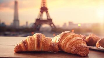 delicioso francês croissants em nostálgico Fundação do eiffel torre, Paris. criativo recurso, ai gerado foto