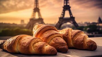 delicioso francês croissants em nostálgico Fundação do eiffel torre, Paris. criativo recurso, ai gerado foto