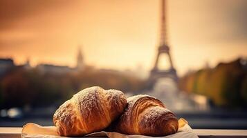 delicioso francês croissants em nostálgico Fundação do eiffel torre, Paris. criativo recurso, ai gerado foto