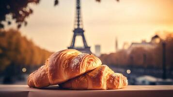 delicioso francês croissants em nostálgico Fundação do eiffel torre, Paris. criativo recurso, ai gerado foto