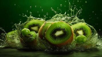 criativo organizar fez a partir de cortar do kiwi e água aspersão em uma verde estabelecimento. criativo recurso, ai gerado foto