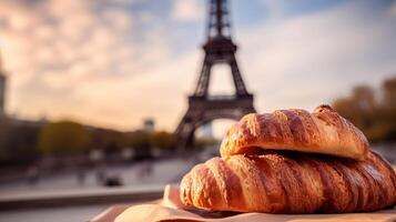 delicioso francês croissants em nostálgico Fundação do eiffel torre, Paris. criativo recurso, ai gerado foto