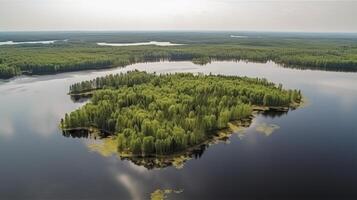 transportado pelo ar Vejo do azul água lago e verde verão madeiras dentro Finlândia. criativo recurso, ai gerado foto