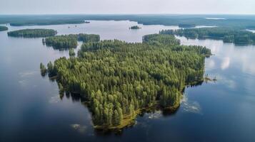 transportado pelo ar Vejo do azul água lago e verde verão madeiras dentro Finlândia. criativo recurso, ai gerado foto