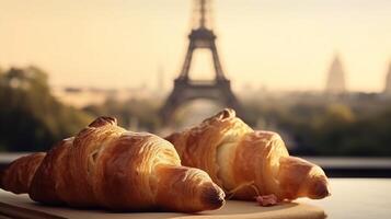 delicioso francês croissants em nostálgico estabelecimento do eiffel torre, Paris. criativo recurso, ai gerado foto