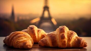 delicioso francês croissants em nostálgico Fundação do eiffel torre, Paris. criativo recurso, ai gerado foto