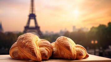 delicioso francês croissants em nostálgico Fundação do eiffel torre, Paris. criativo recurso, ai gerado foto