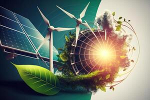 renovável energia fundo com verde energia Como vento turbinas e solar painéis. verde energia conceito energia fontes sustentável ecologia elementos generativo ai foto