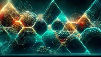 3d abstrato tecnologia fundo. flutuando números hud fundo. matriz partículas rede virtual realidade. inteligente construir. rede essencial. hardware quantum forma. futuro tecnologia. decodificação dna foto